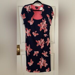 NEW Misses 16 with tags stretch navy and salmon, side gathered pullover dress